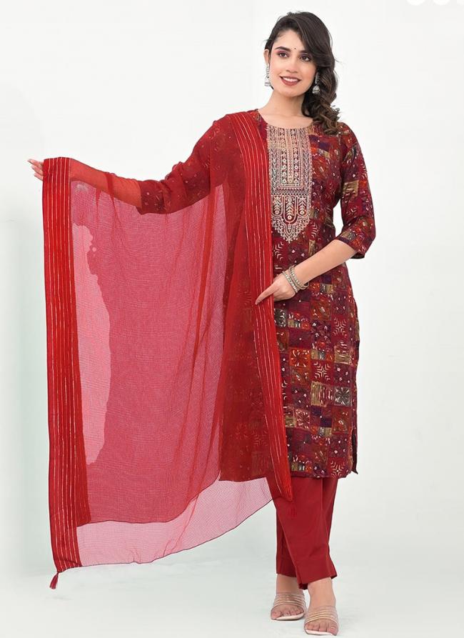 Modal Red Festival Wear Embroidery Work Readymade Straight Suit